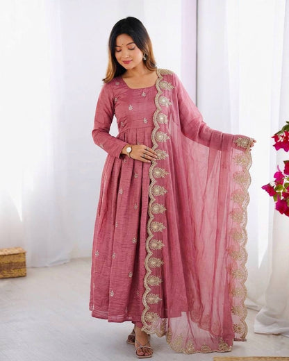 Party Wear Pink Color Heavy Embroidery Sequin Work Silk Anarkali Set