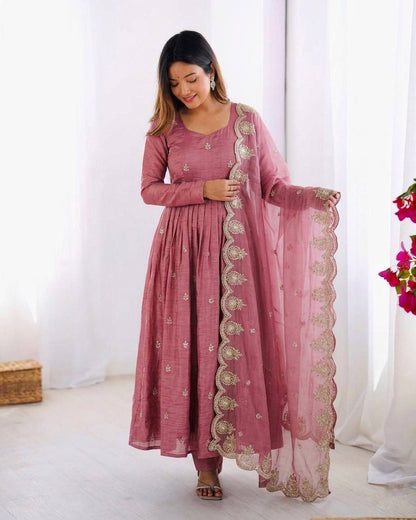 Party Wear Pink Color Heavy Embroidery Sequin Work Silk Anarkali Set