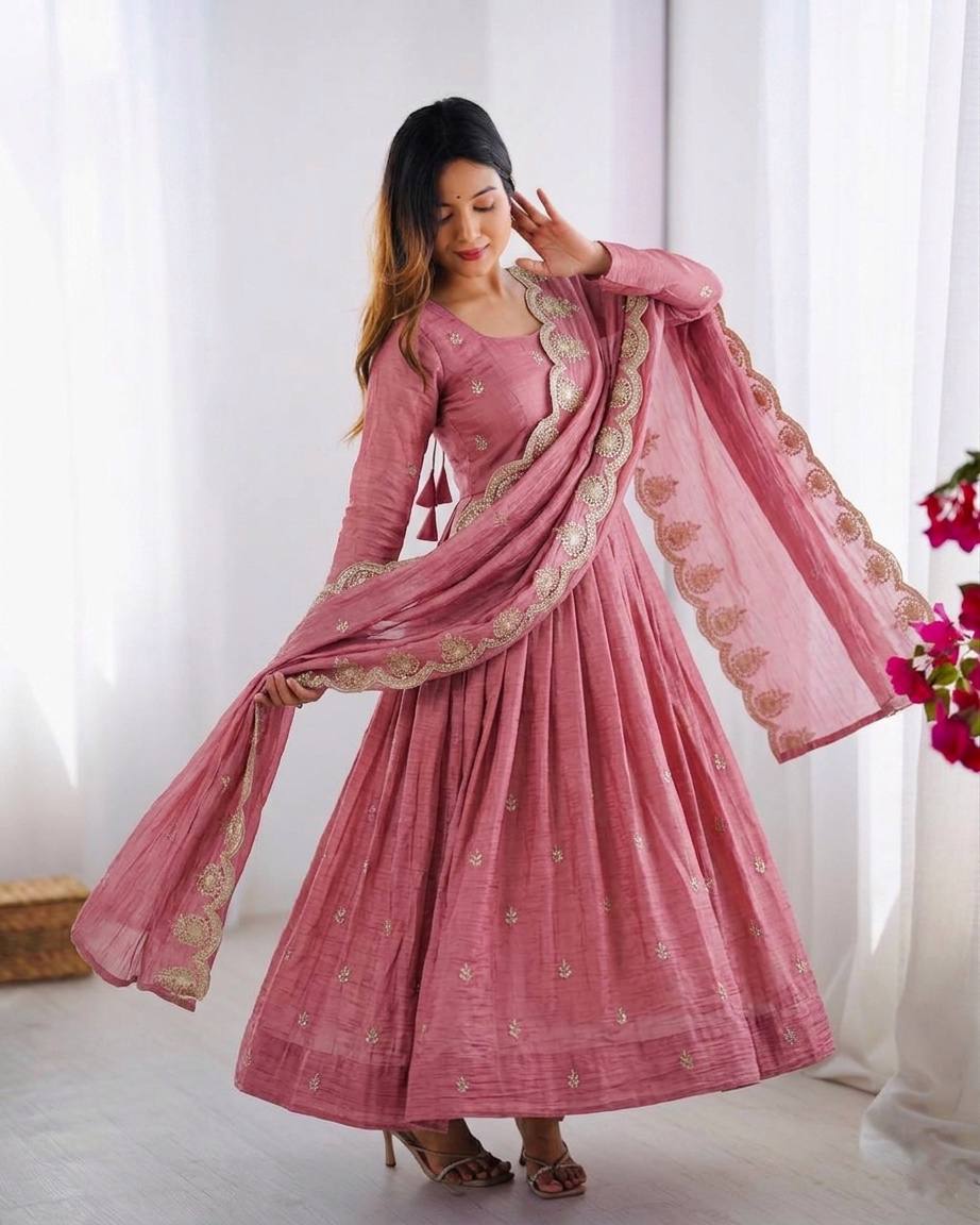 Party Wear Pink Color Heavy Embroidery Sequin Work Silk Anarkali Set