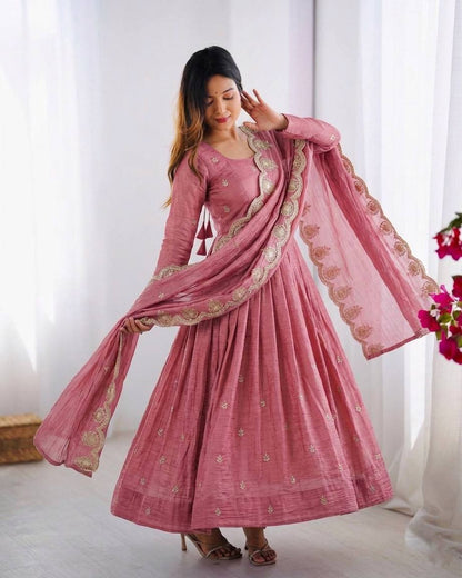 Party Wear Pink Color Heavy Embroidery Sequin Work Silk Anarkali Set