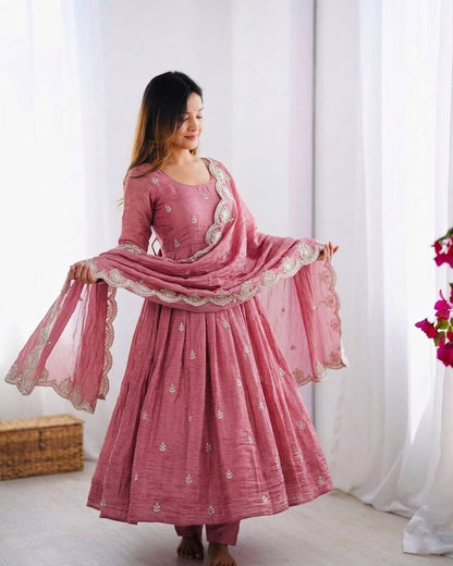 Party Wear Pink Color Heavy Embroidery Sequin Work Silk Anarkali Set