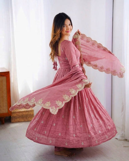 Party Wear Pink Color Heavy Embroidery Sequin Work Silk Anarkali Set