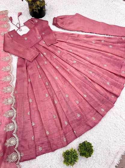 Party Wear Pink Color Heavy Embroidery Sequin Work Silk Anarkali Set