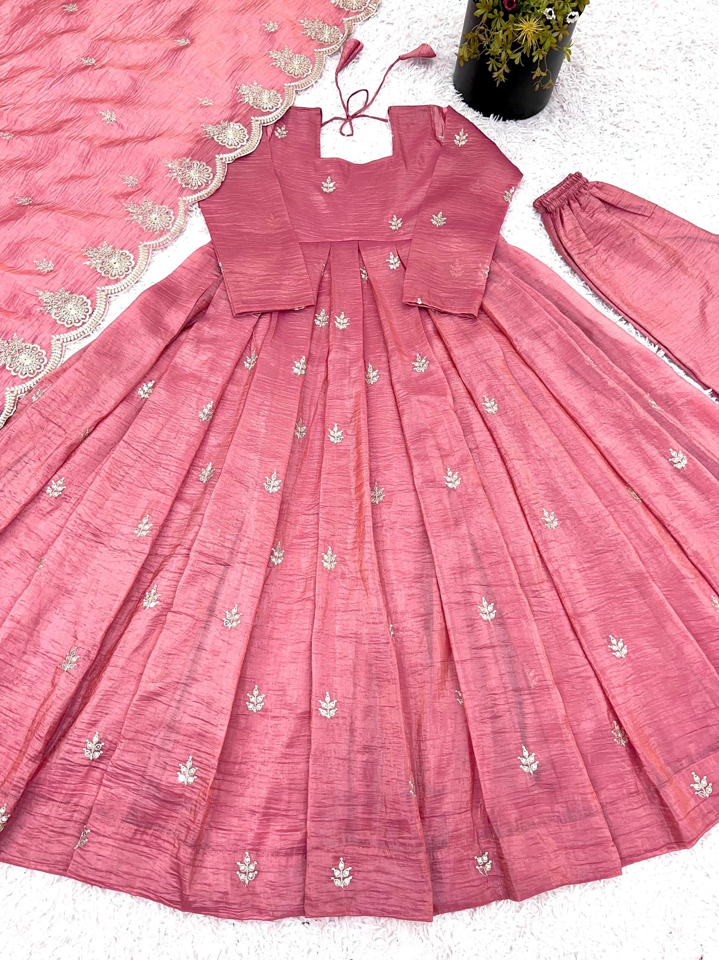 Party Wear Pink Color Heavy Embroidery Sequin Work Silk Anarkali Set