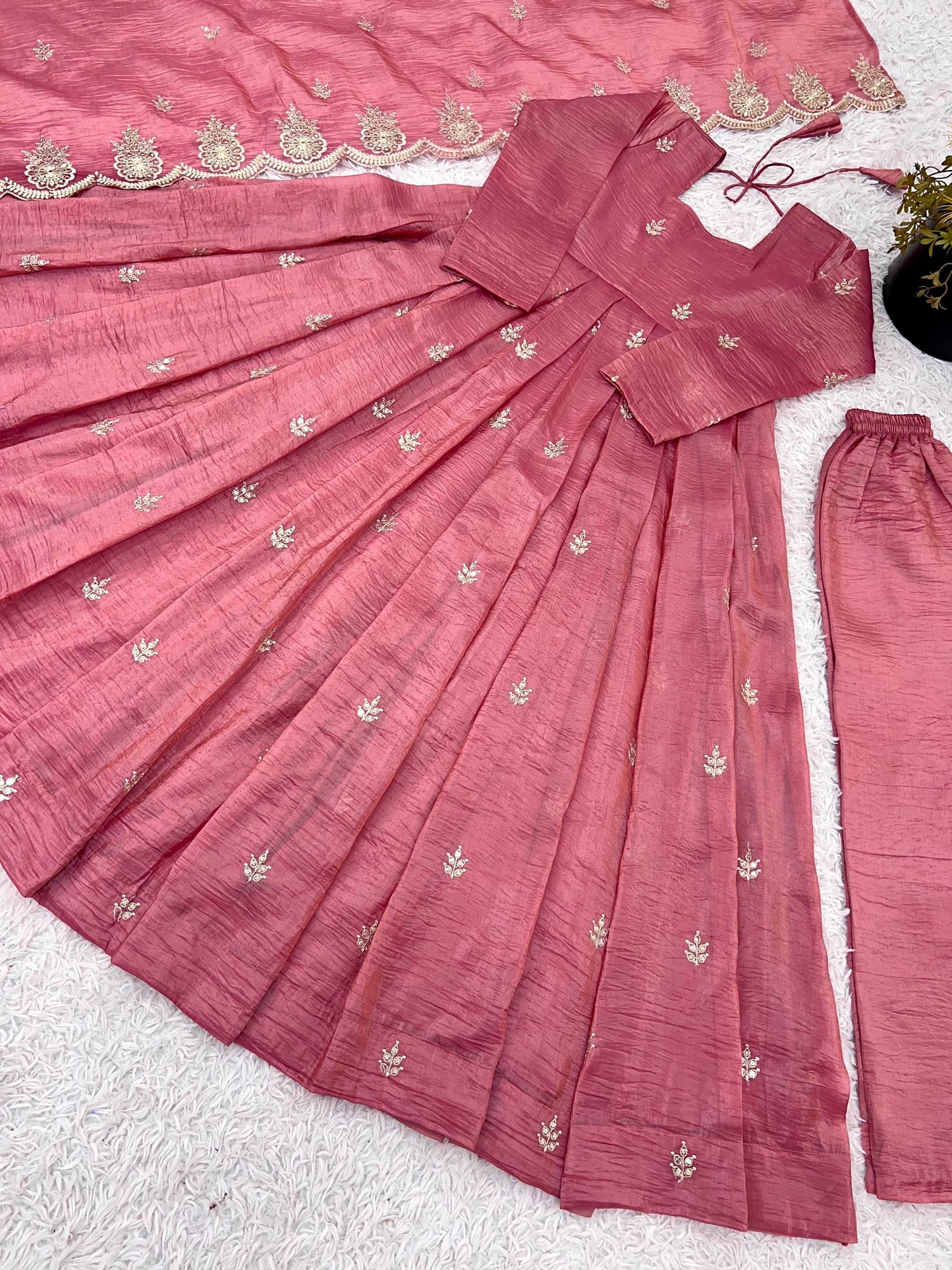 Party Wear Pink Color Heavy Embroidery Sequin Work Silk Anarkali Set