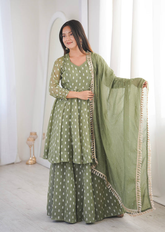 Eyes Catching Green Color Heavy Crunchy Silk Sharara Suit