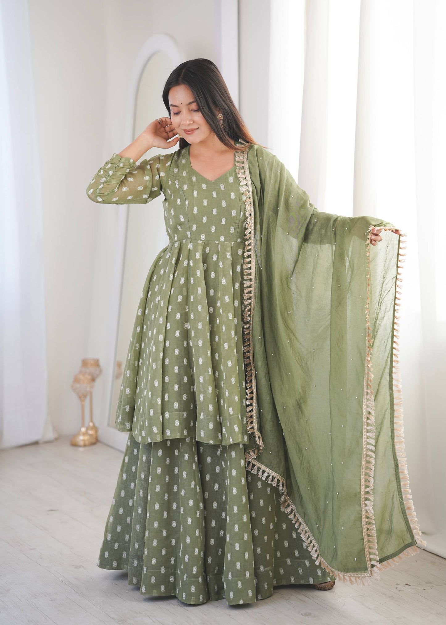 Eyes Catching Green Color Heavy Crunchy Silk Sharara Suit
