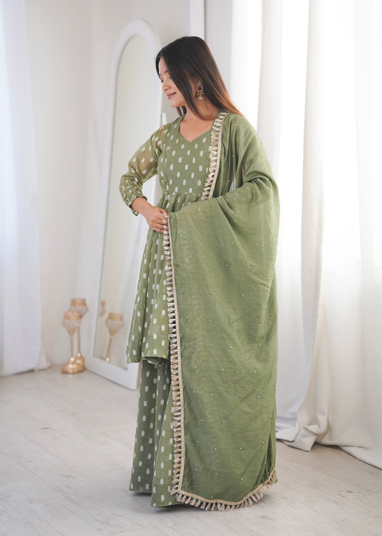 Eyes Catching Green Color Heavy Crunchy Silk Sharara Suit