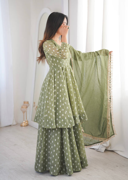 Eyes Catching Green Color Heavy Crunchy Silk Sharara Suit
