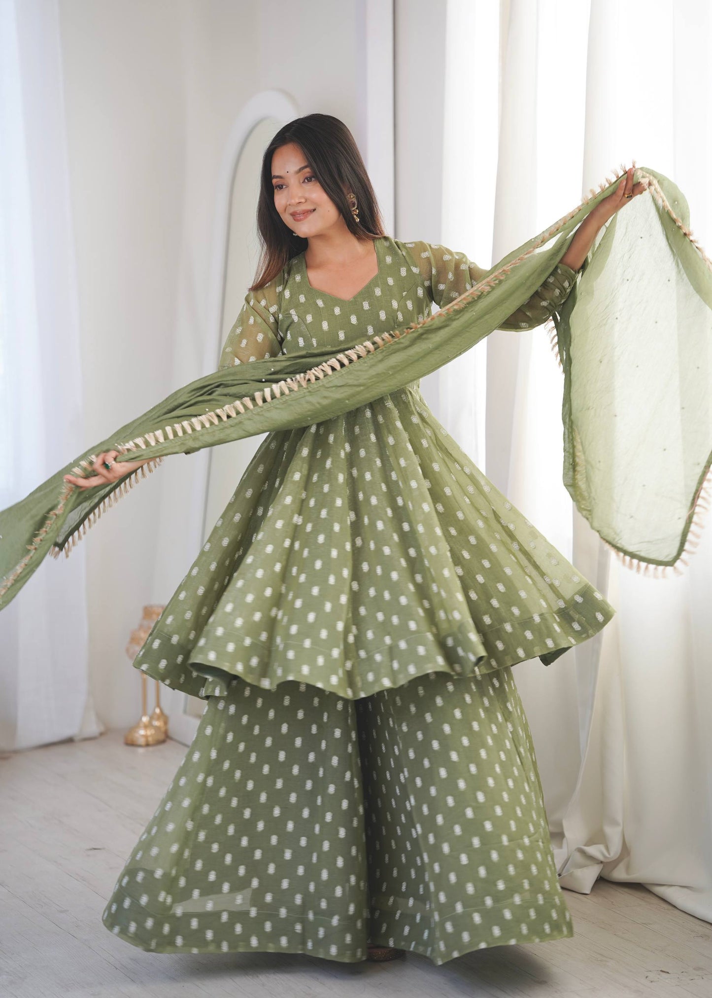 Eyes Catching Green Color Heavy Crunchy Silk Sharara Suit