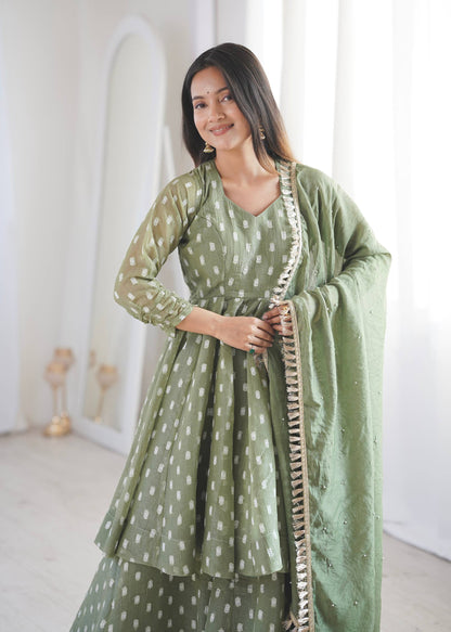 Eyes Catching Green Color Heavy Crunchy Silk Sharara Suit