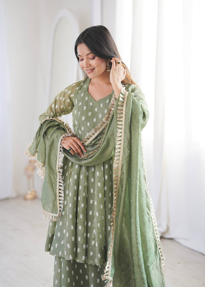 Eyes Catching Green Color Heavy Crunchy Silk Sharara Suit