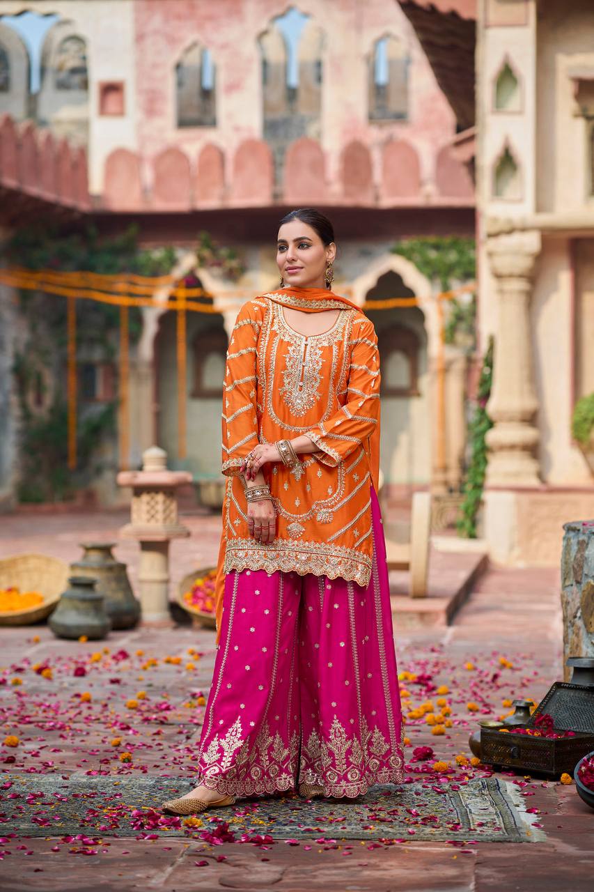 Function Wear Orange And Pink Color Chinon Silk Sharara Set