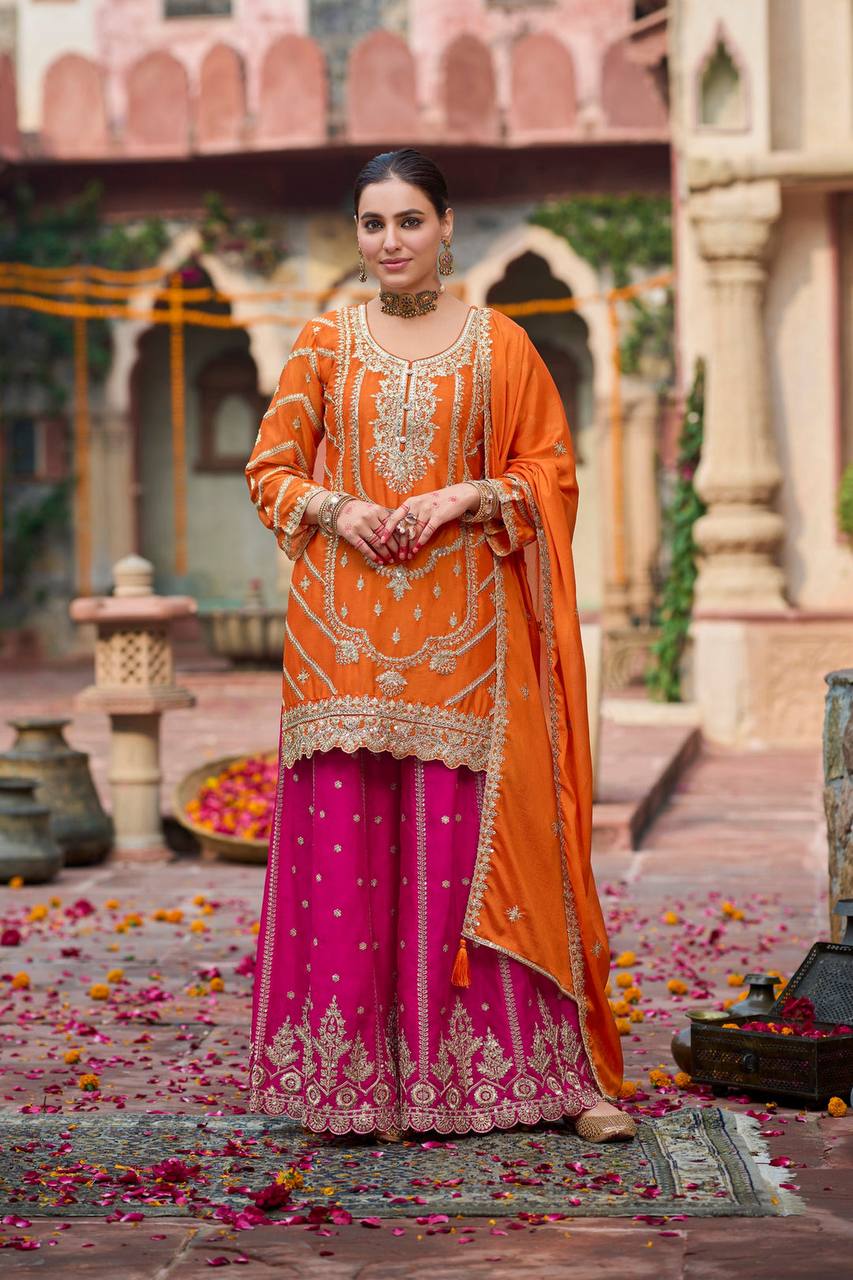 Function Wear Orange And Pink Color Chinon Silk Sharara Set