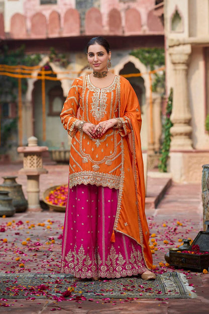 Function Wear Orange And Pink Color Chinon Silk Sharara Set