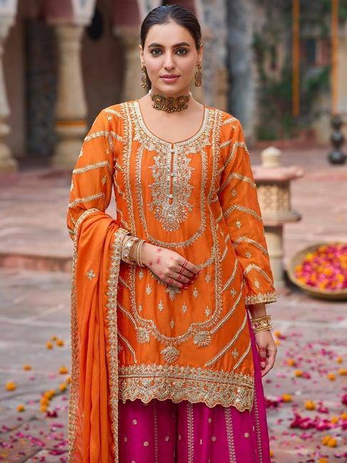 Function Wear Orange And Pink Color Chinon Silk Sharara Set