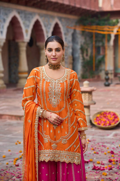 Function Wear Orange And Pink Color Chinon Silk Sharara Set