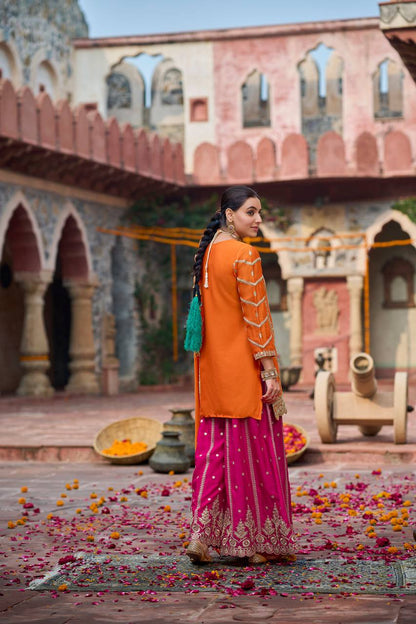 Function Wear Orange And Pink Color Chinon Silk Sharara Set