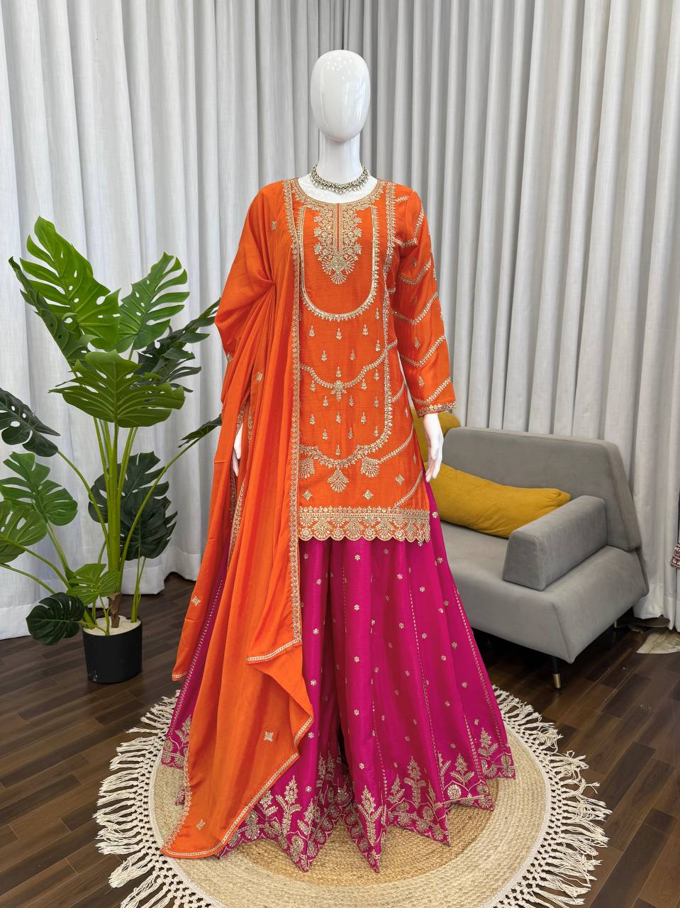 Function Wear Orange And Pink Color Chinon Silk Sharara Set