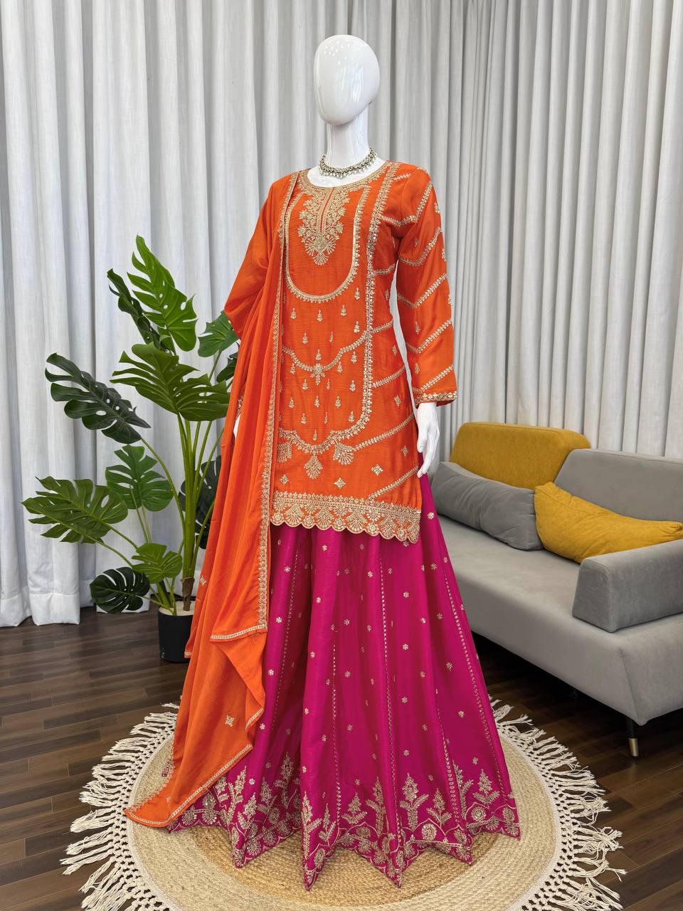 Function Wear Orange And Pink Color Chinon Silk Sharara Set