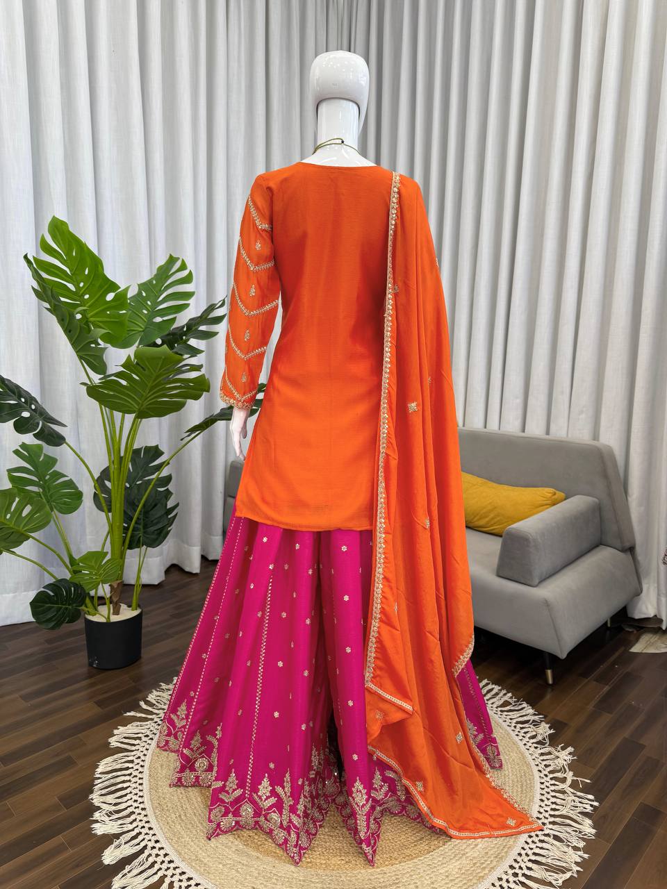 Function Wear Orange And Pink Color Chinon Silk Sharara Set