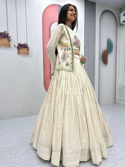 Sangeet Wear Off White Pure Tissue Shimmer Real Handwork With Read Diamond Work Traditional Lehenga Choli