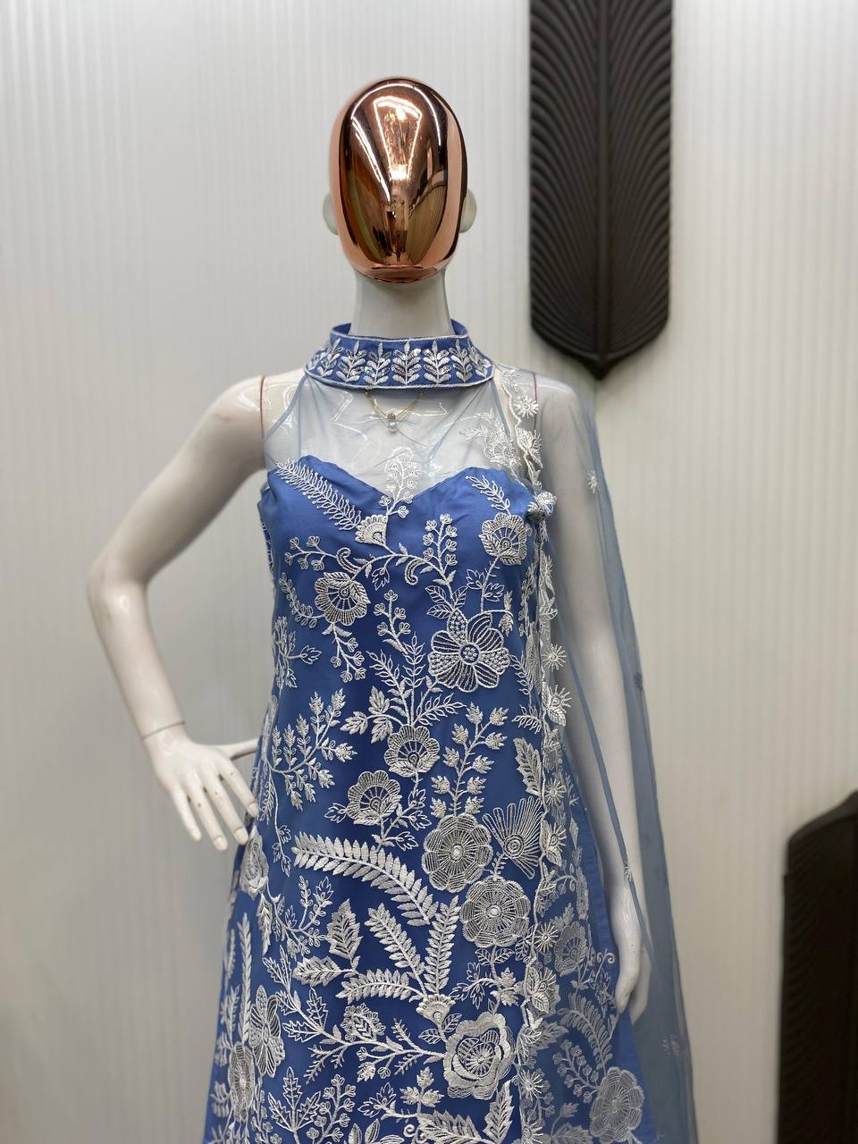 Wedding Wear Sky Blue Color Butterfly Net Sequence Embroidery Work Palazzo Suit