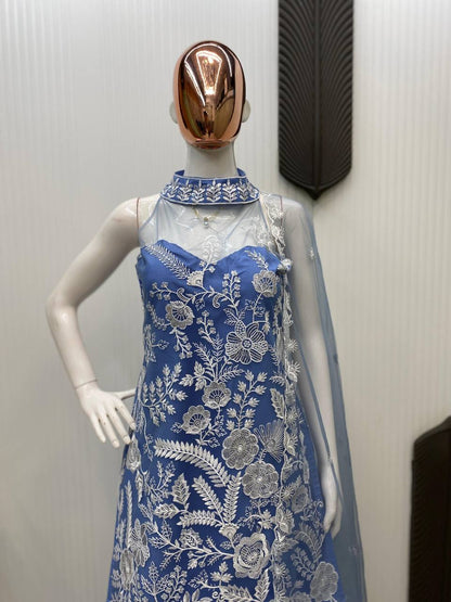 Wedding Wear Sky Blue Color Butterfly Net Sequence Embroidery Work Palazzo Suit
