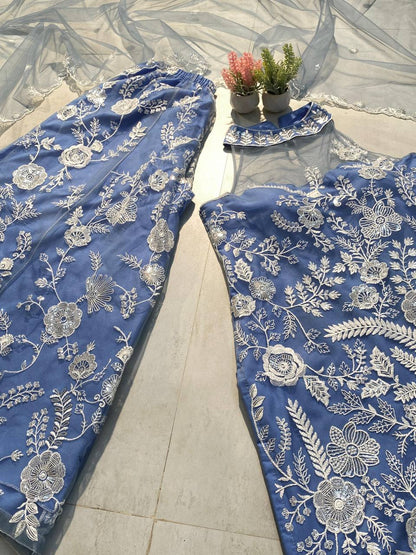 Wedding Wear Sky Blue Color Butterfly Net Sequence Embroidery Work Palazzo Suit