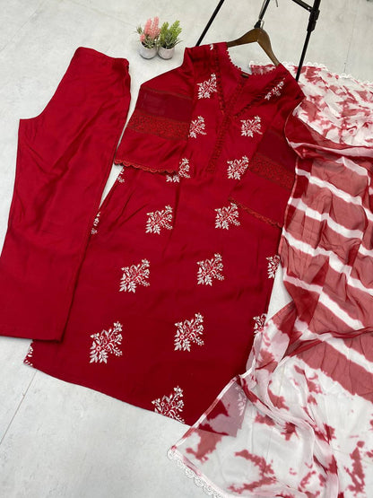 Festive Wear Red Color Roman Silk With Embroidery Work Salwar Suit
