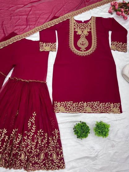 Fabulous Maroon Color Blooming Faux Georgette With Heavy Embroidery Sequence Thread Work Sharara Suit