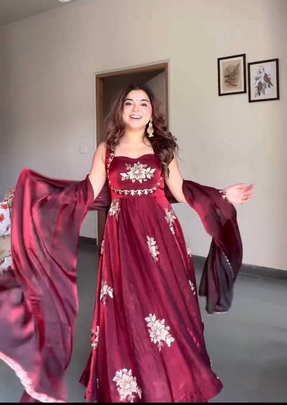 Celebrity Style Maroon Color Heavy Fendy Silk Anarkali Gown