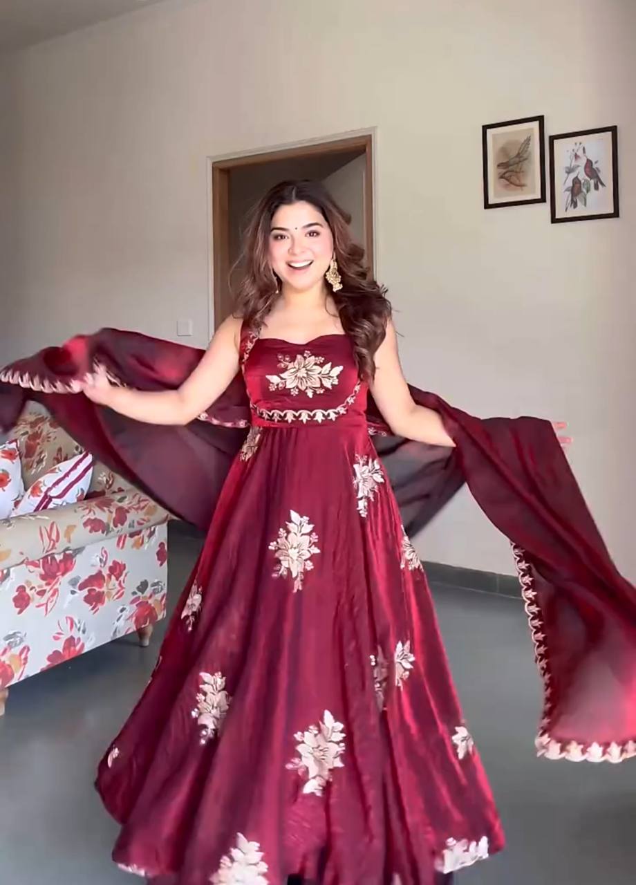 Celebrity Style Maroon Color Heavy Fendy Silk Anarkali Gown