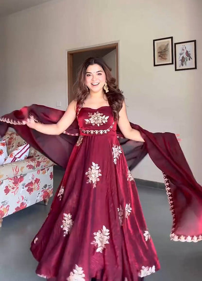 Celebrity Style Maroon Color Heavy Fendy Silk Anarkali Gown