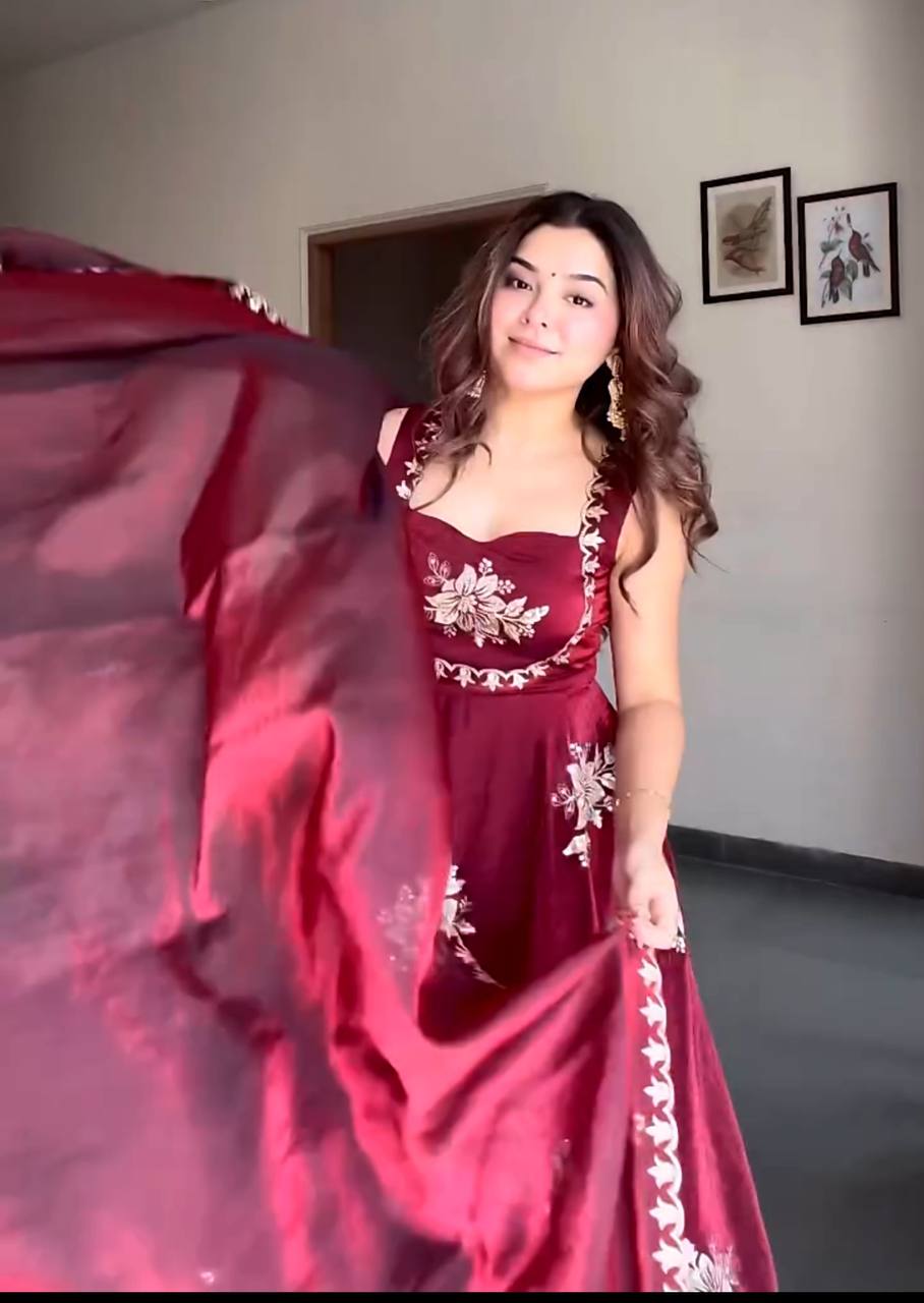 Celebrity Style Maroon Color Heavy Fendy Silk Anarkali Gown
