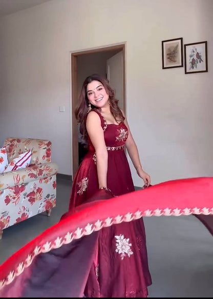 Celebrity Style Maroon Color Heavy Fendy Silk Anarkali Gown