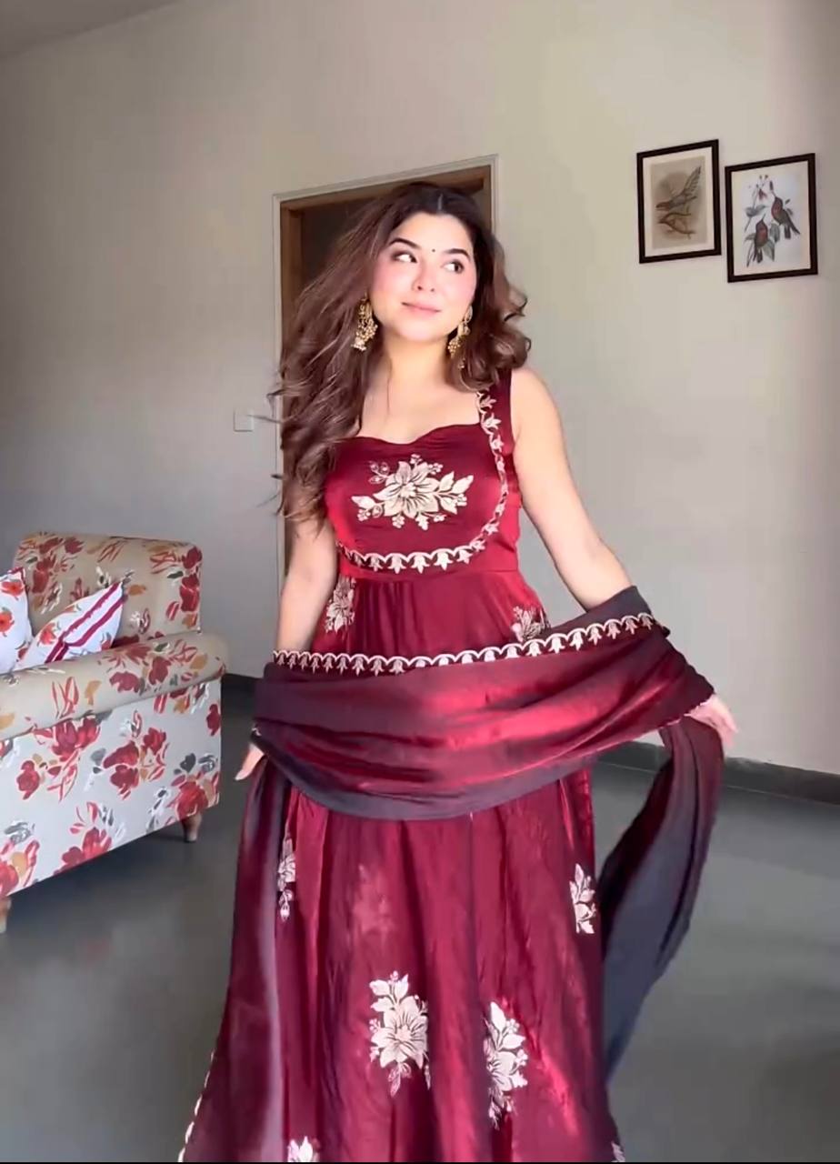 Celebrity Style Maroon Color Heavy Fendy Silk Anarkali Gown