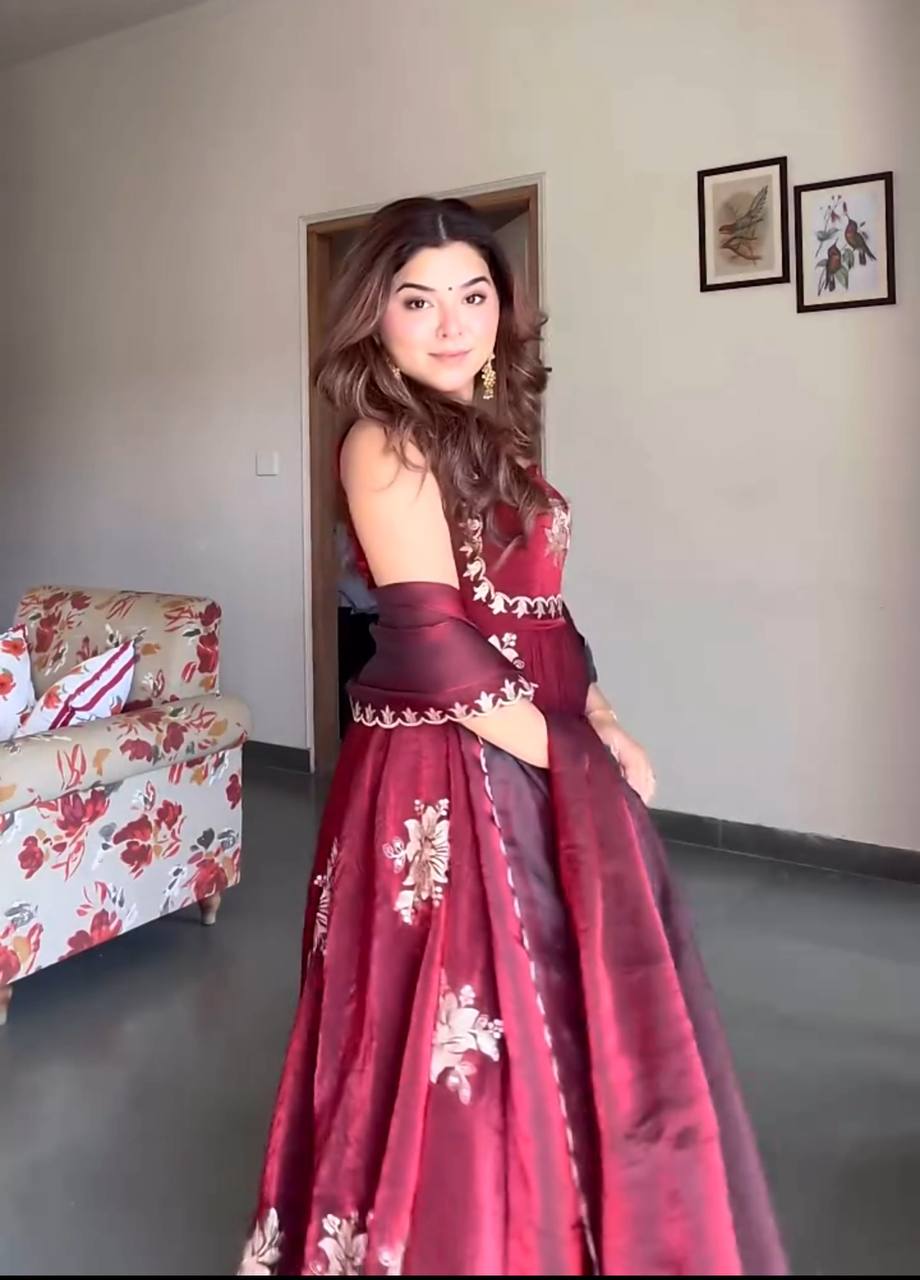 Celebrity Style Maroon Color Heavy Fendy Silk Anarkali Gown