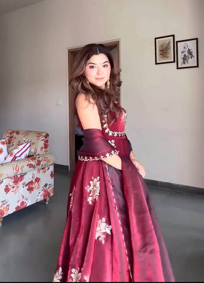 Celebrity Style Maroon Color Heavy Fendy Silk Anarkali Gown