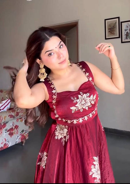 Celebrity Style Maroon Color Heavy Fendy Silk Anarkali Gown
