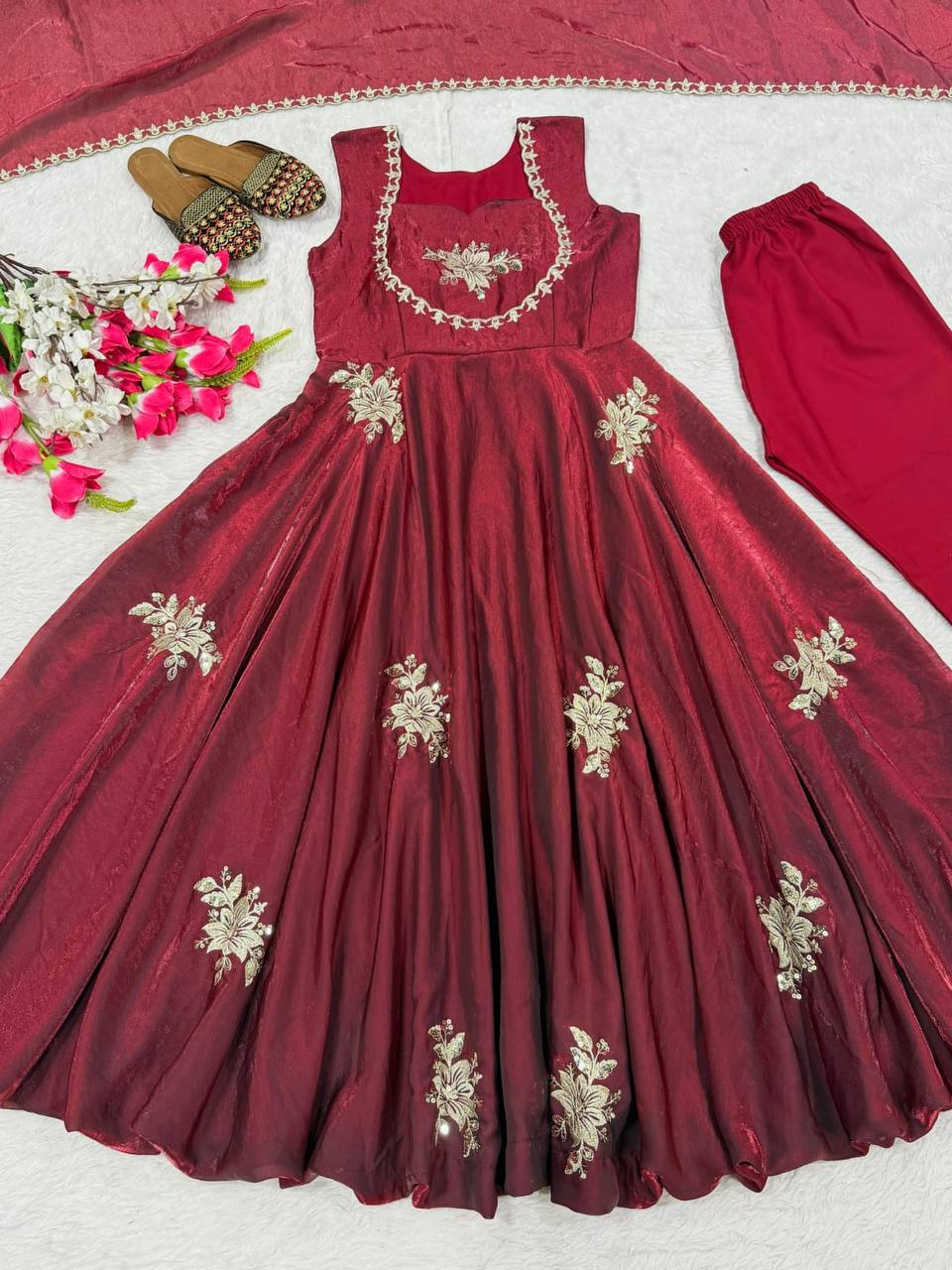 Celebrity Style Maroon Color Heavy Fendy Silk Anarkali Gown