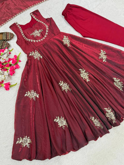 Celebrity Style Maroon Color Heavy Fendy Silk Anarkali Gown