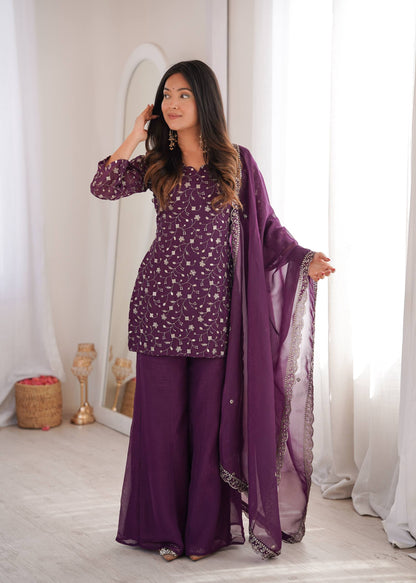 Arti Chauhan Wear Purple Color Crunchy Silk Palazzo Suit