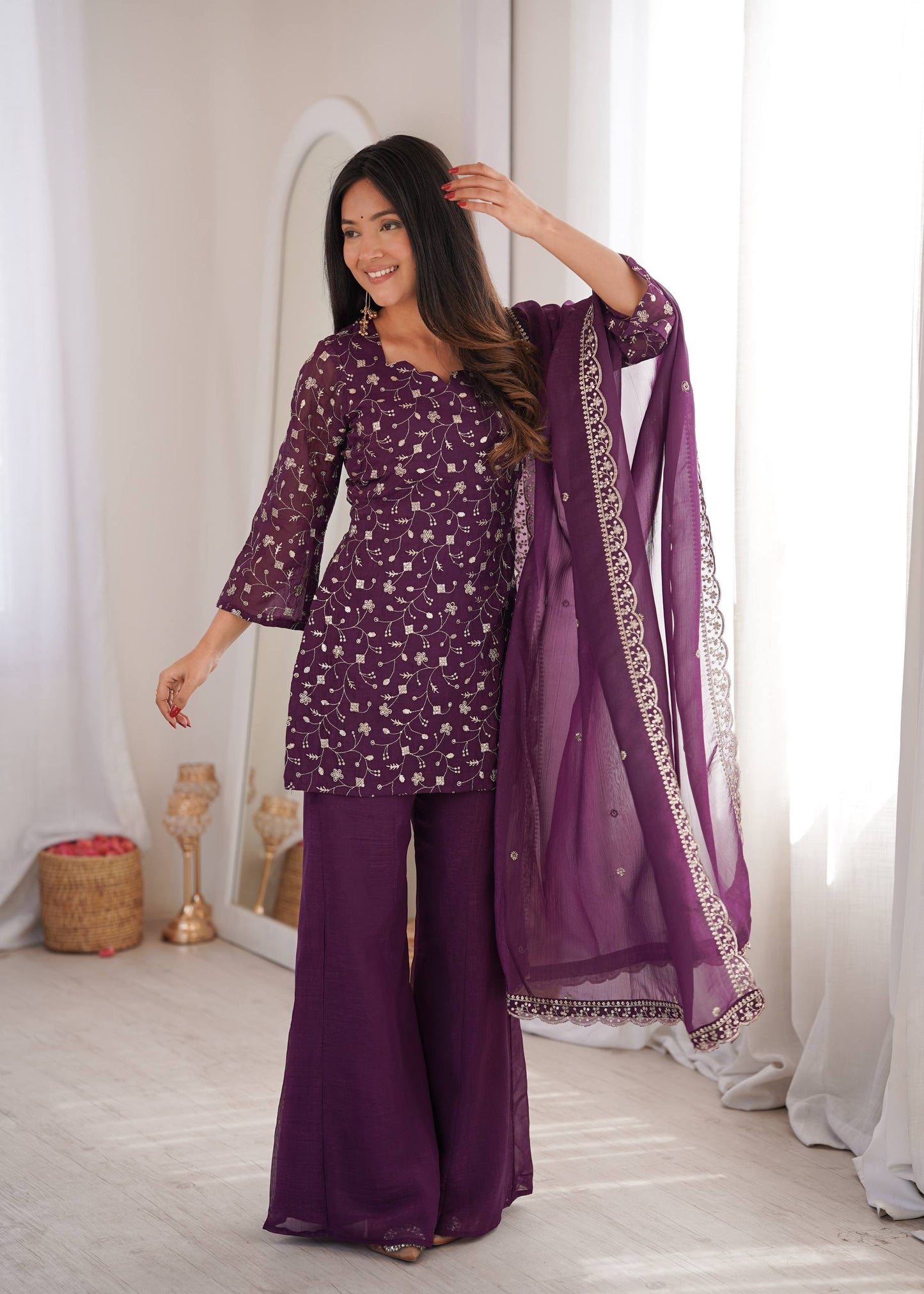 Arti Chauhan Wear Purple Color Crunchy Silk Palazzo Suit