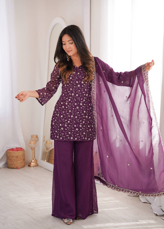 Arti Chauhan Wear Purple Color Crunchy Silk Palazzo Suit