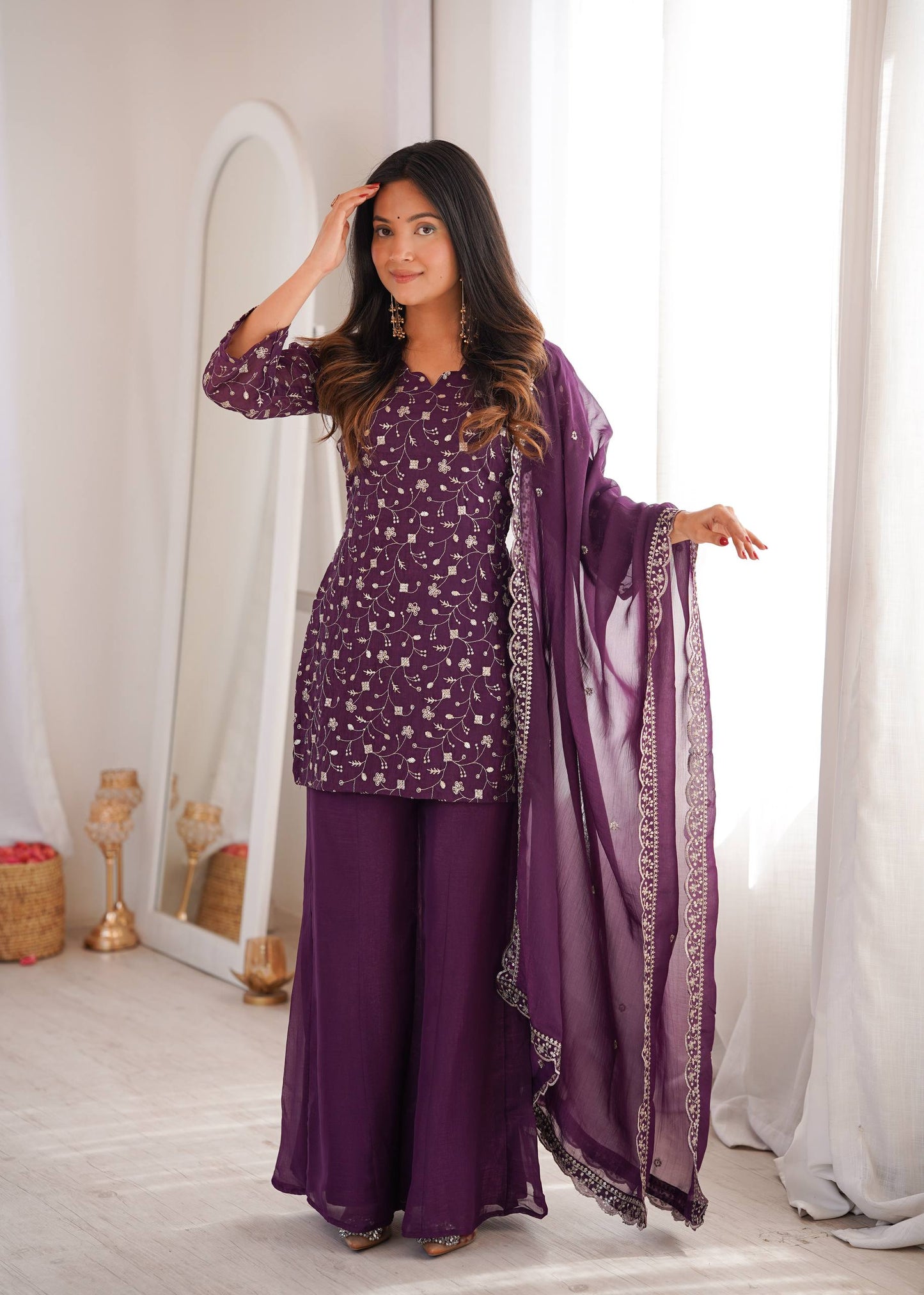 Arti Chauhan Wear Purple Color Crunchy Silk Palazzo Suit