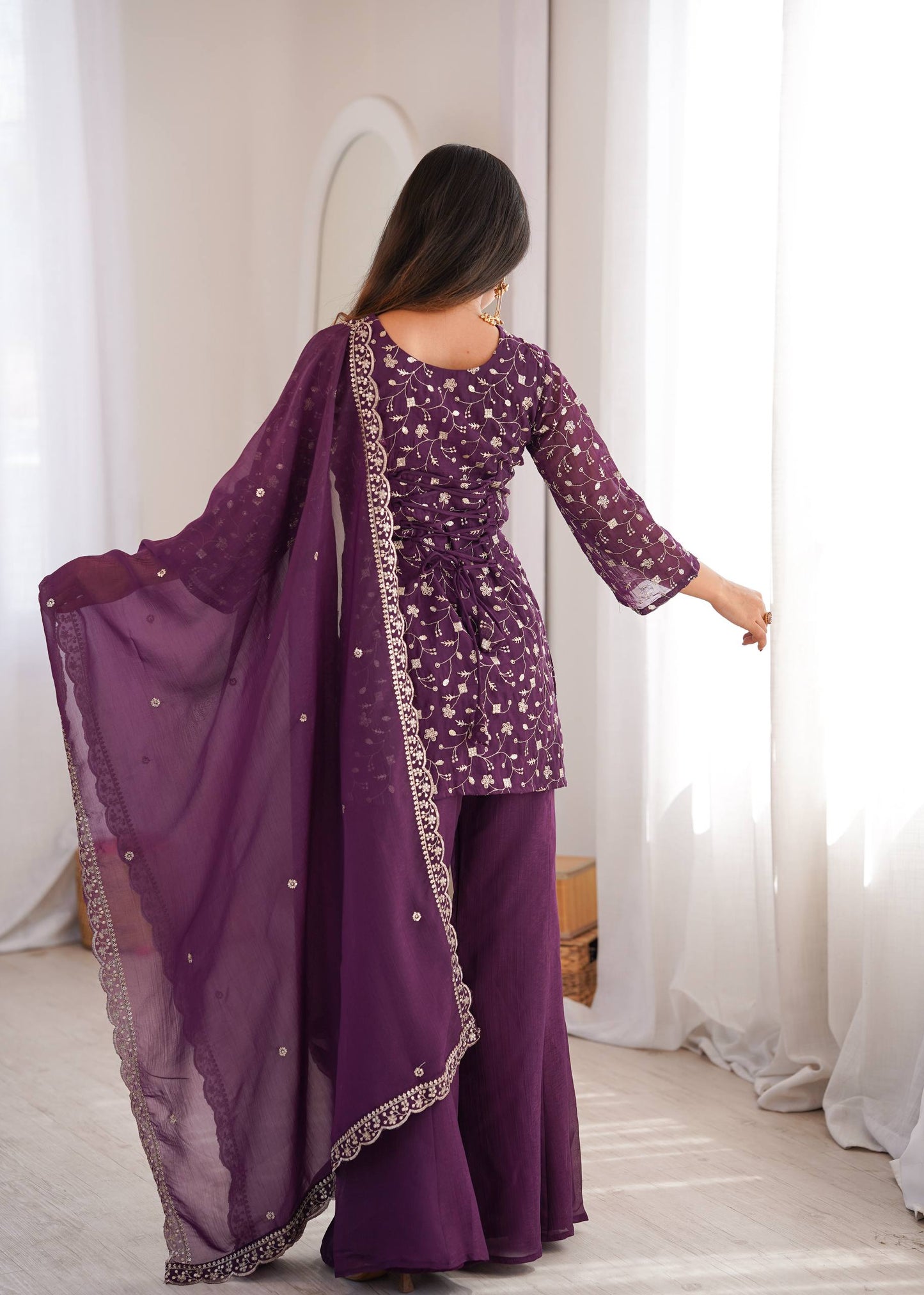 Arti Chauhan Wear Purple Color Crunchy Silk Palazzo Suit