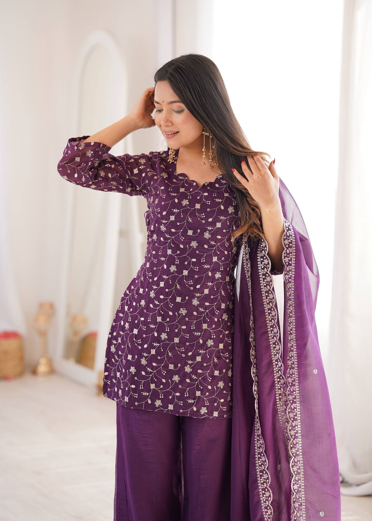 Arti Chauhan Wear Purple Color Crunchy Silk Palazzo Suit