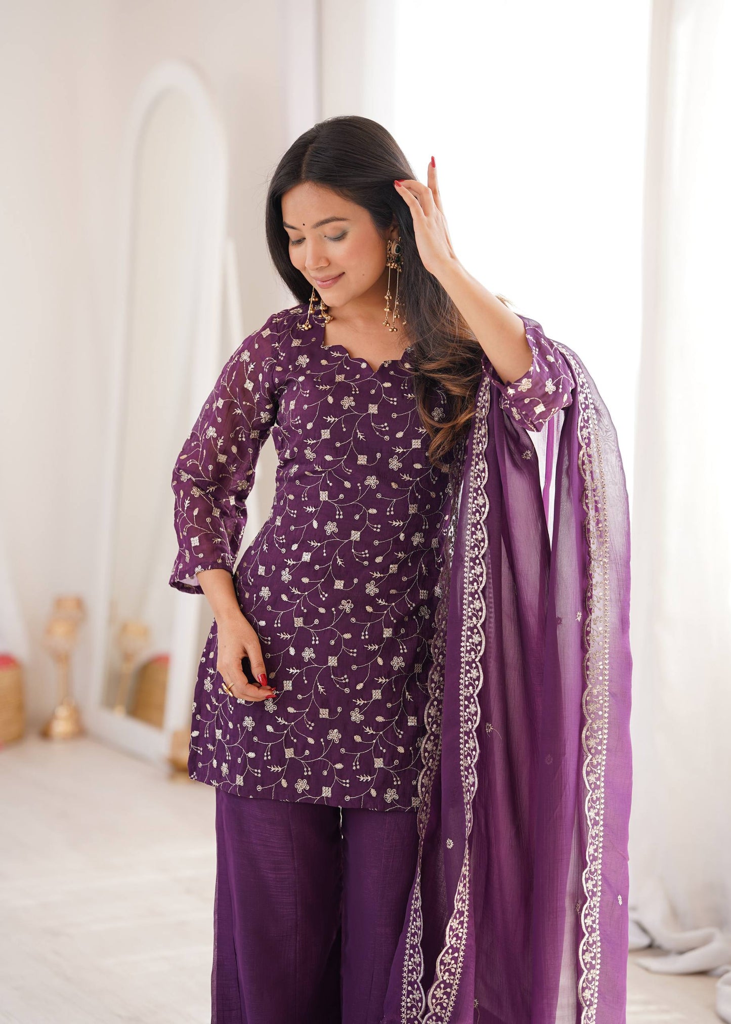 Arti Chauhan Wear Purple Color Crunchy Silk Palazzo Suit