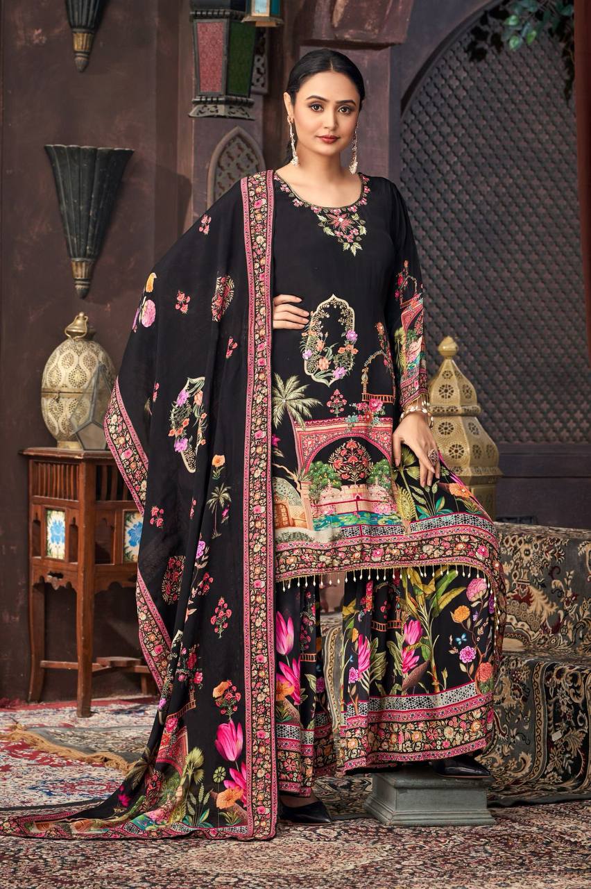 Wedding Wear Black Color Heavy Faux Georgette Digital Printed With Real Mirror Work Palazzo Suit
